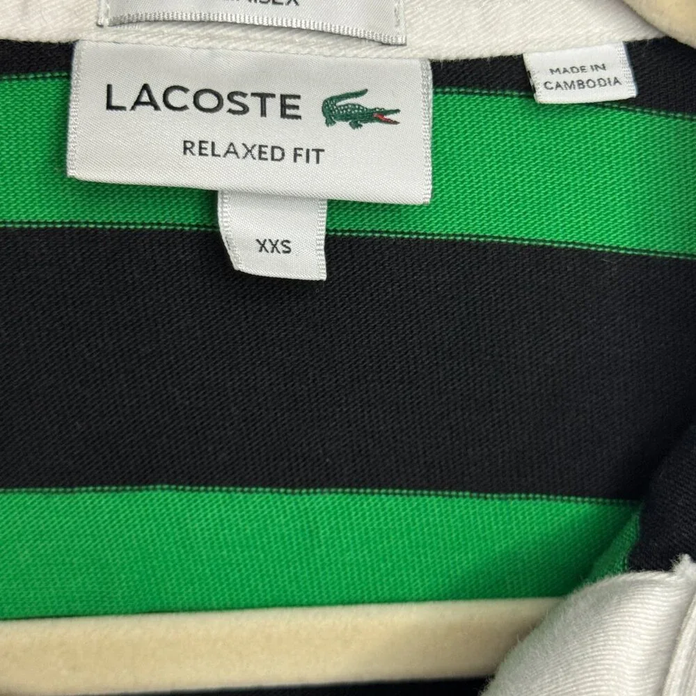 Lacoste Relaxed Fit Striped Rugby Shirt – Black & Green “GOLF” Logo XS 34